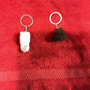 Keychains.     Toilet paper and poop., croquette corn, little chick, jellyfish